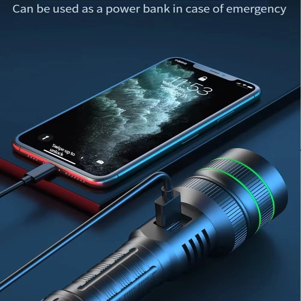 Most Powerful Long Shot LED Flashlight Zoomable Camping Torch Built-In 26650 Battery High Power Tactical Lantern for Outdoors